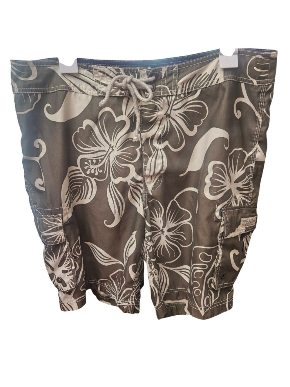 J. Crew Mens Swim Trunks 36 Green Floral Print With Cargo Pockets & Drawstring C